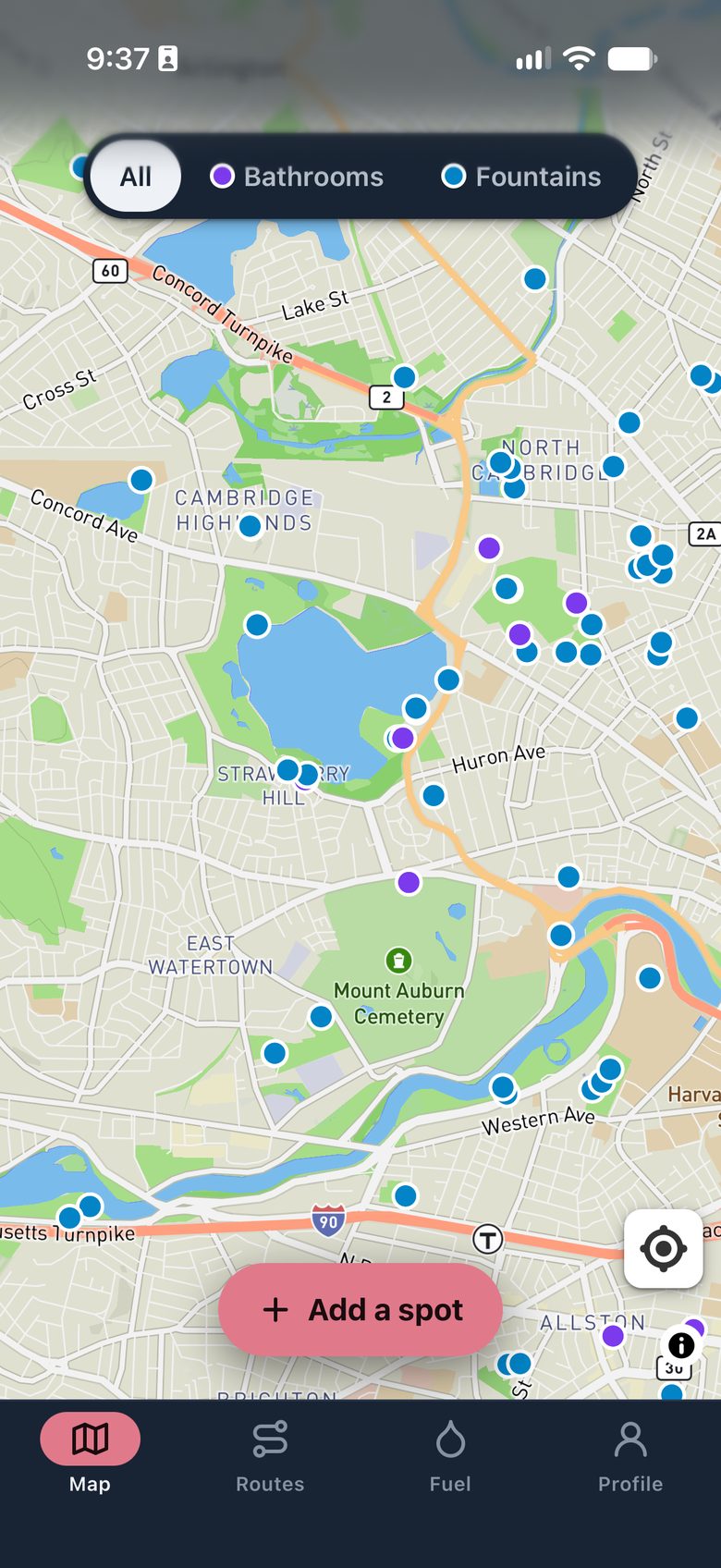 Map of Cambridge and Watertown with water fountains in blue and bathrooms in purple.